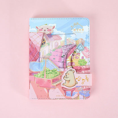 Animal World Leather Journal with Magnetic Buckle, 224 pages, featuring cute and colorful kawaii design of animals in a whimsical village.