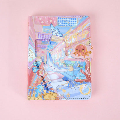 Animal World Leather Journal with Magnetic Buckle featuring whimsical underwater illustrations, 224 pages, kawaii stationery.