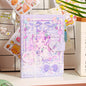 Colorful Princess SAKI A5 Journal with Magnetic Buckle featuring kawaii style artwork of a pink-haired anime girl and cute cat, adorned with purple bows and pastel decorations, ideal for recording notes and memories.