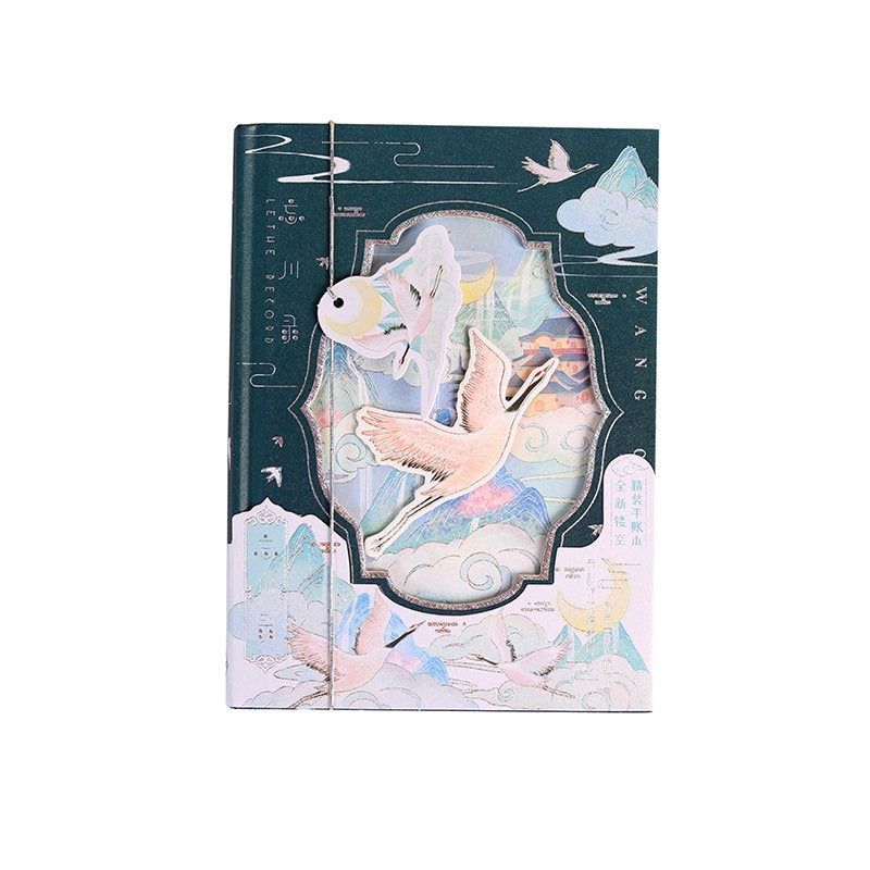 Fairy Animal Hard Cover Notebook with Bookmark featuring whimsical bird and mountain illustrations, dark teal background, and intricate gold accents.