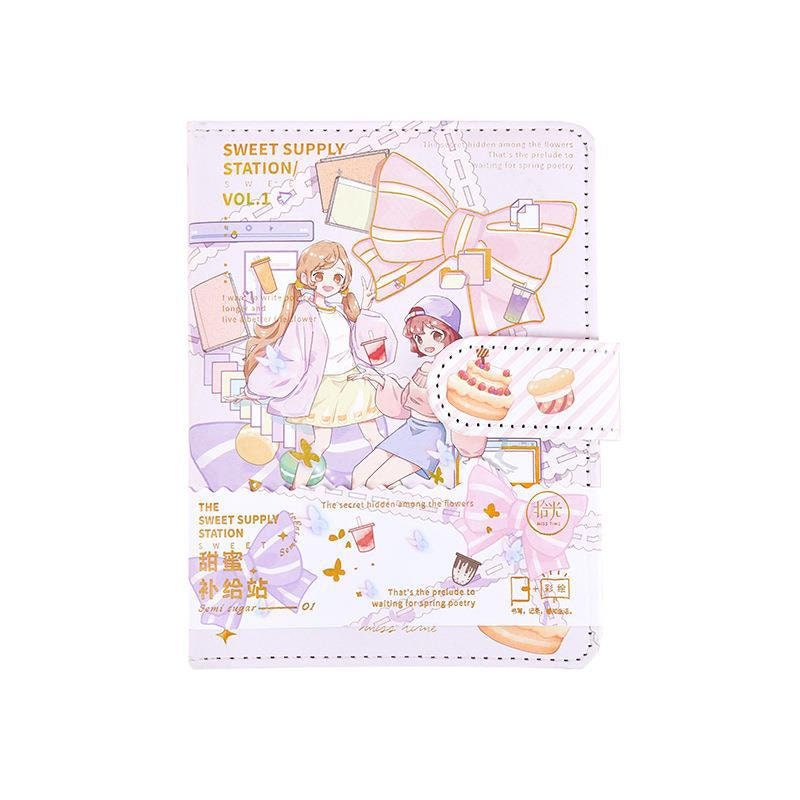 Colorful Page Leather Journal A5 with Magnetic Buckle - Sweet Supply Station Vol 1 Design - Pastel Illustration of Girls, Cakes, and Bows - Perfect for Kawaii Stationery Lovers