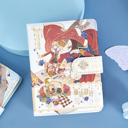 Fairy Tale Leather Journal with Magnetic Buckle A5 featuring colorful illustrations and gold accents, perfect for writing and sketching, kawaii stationery lovers essential.