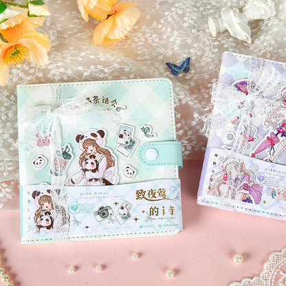 Poetry to the Snow Leather Journal with Bookmark in kawaii style featuring cute illustrations, pastel colors, and lace embellishments, placed on a lace fabric background with flowers and a butterfly.