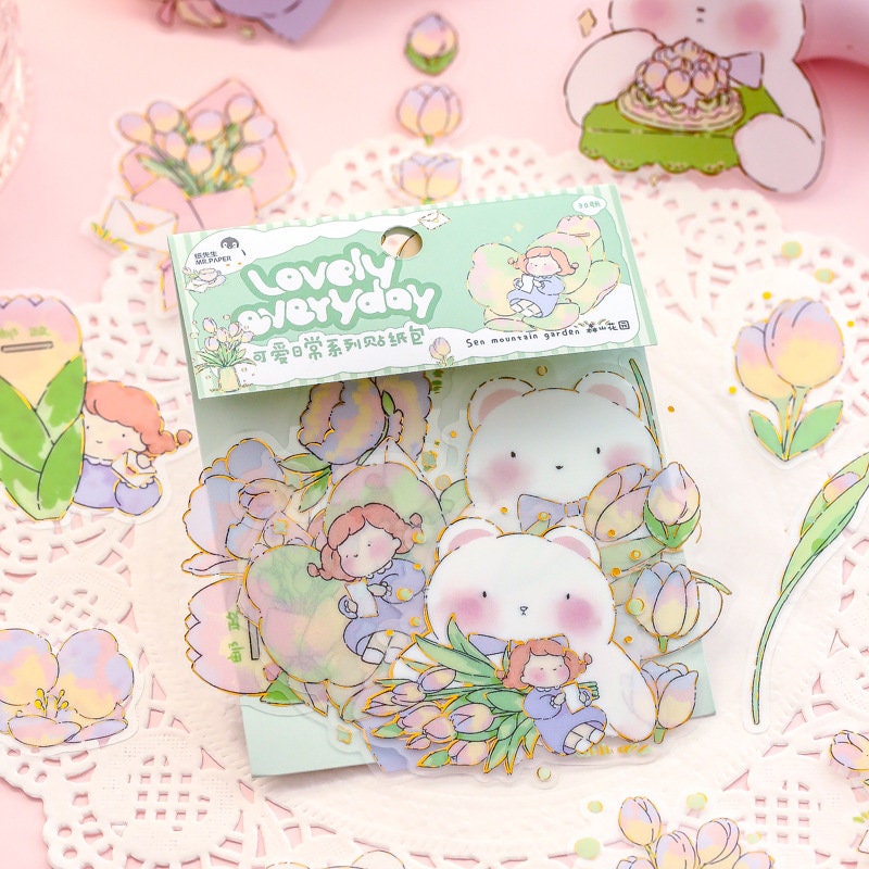 Lovely Plant and Flower Sticker Set - 30 Pieces, featuring adorable kawaii designs, including cute characters, flowers, and plants in pastel colors on a pink background. Perfect for decorating planners, journals, and scrapbooks.