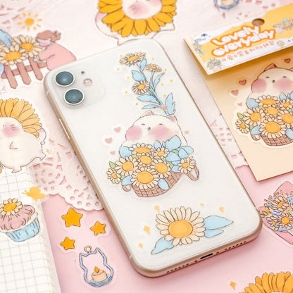 Lovely Plant and Flower Sticker Set - 30 Pieces featuring kawaii designs with cute animals, sunflowers, and pastel colors; perfect for decorating phone cases, notebooks, and planners.