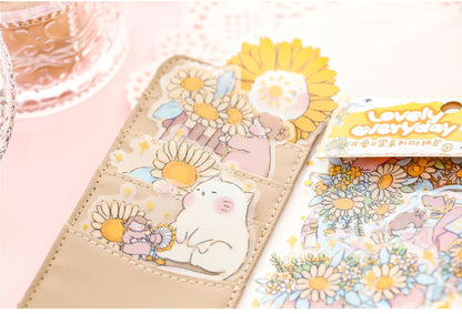 Lovely Plant and Flower Sticker Set - 30 Pieces featuring kawaii style illustrations of sunflowers, adorable white cat, and cute characters, perfect for planners, scrapbooking, and journaling.