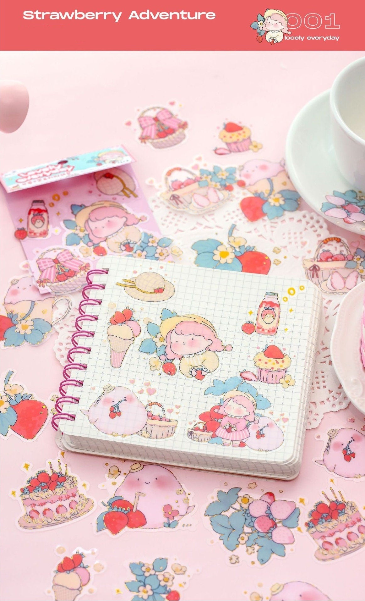 Lovely Plant and Flower Sticker Set - 30 Pieces featuring kawaii-style illustrations of strawberries, flowers, and cute characters; perfect for decorating notebooks, planners, and scrapbooks.