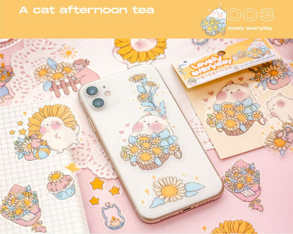 Lovely Plant and Flower Sticker Set - 30 Pieces featuring kawaii characters holding sunflowers, cute animals, and floral designs, perfect for decorating phone cases, journals, and notebooks.