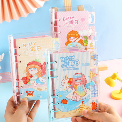 Betty's Vacation B6 Loose Leaf Planner with adorable kawaii illustrations, spiral binding, and cute covers showing vacation scenes.