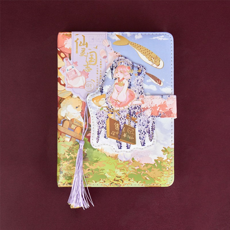 Magic World Leather Journal with Colorful Pages and Magnetic Buckle, featuring whimsical illustrations of a girl in pink attire, fish, and floral designs, with a purple tassel accent.