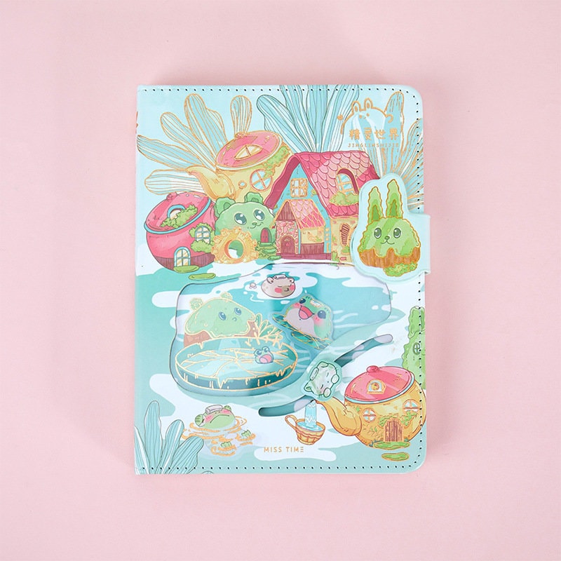 Animal World Leather Journal with Magnetic Buckle, 224 Pages, featuring colorful kawaii animal illustrations on the cover, perfect for writing and drawing.