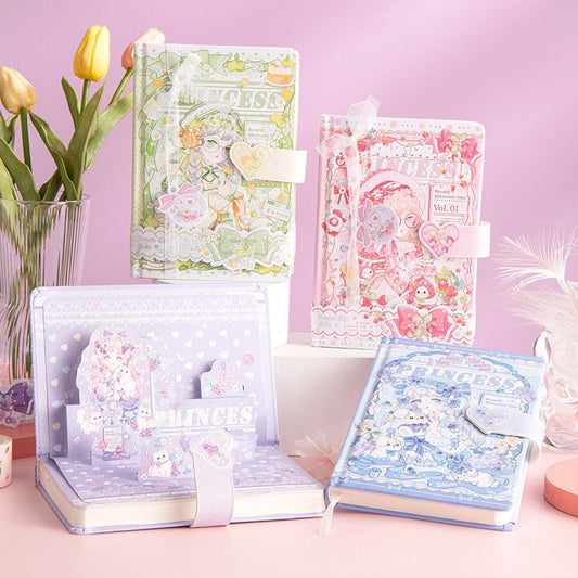 Colorful Princess SAKI A5 Journals with Magnetic Buckles in purple, green, pink, and blue covers featuring cute kawaii illustrations, surrounded by decorative items on a pastel background.