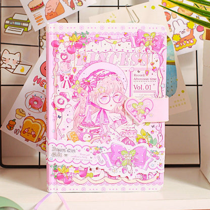 Colorful Princess SAKI A5 journal with magnetic buckle in kawaii design featuring pastel pink, intricate illustrations of a cute anime girl, decorative cherries, and bows.