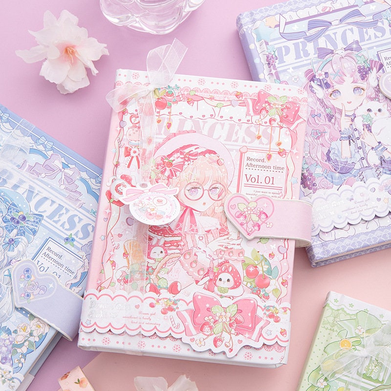 Colorful Princess SAKI A5 Journal with Magnetic Buckle featuring kawaii anime-style cover design, pastel colors, and an adorable character illustration. Perfect for note-taking, journaling, and creative writing.