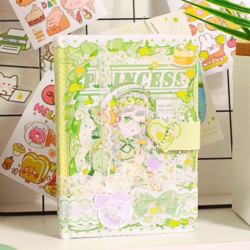 Colorful Princess SAKI A5 Journal with Magnetic Buckle featuring kawaii-style illustrations, green and pastel colors, and decorative lace and floral accents within a cute stationery setting.