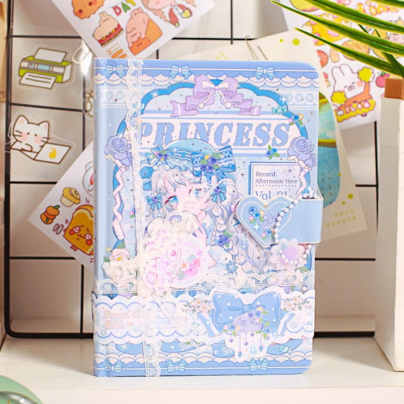 Colorful Princess SAKI A5 Journal with Magnetic Buckle featuring a pastel blue and purple cover, adorned with cute princess illustrations, lace accents, and floral details, ideal for kawaii stationery lovers and creative journaling.