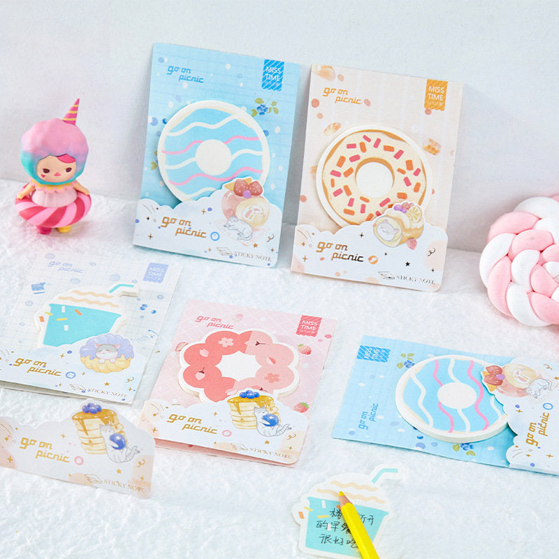 Picnic Notepad - 30 Sticky Notes for Journals, featuring colorful donut designs, kawaii illustrations, and pastel packaging, ideal for embellishing planners, diaries, and journals.