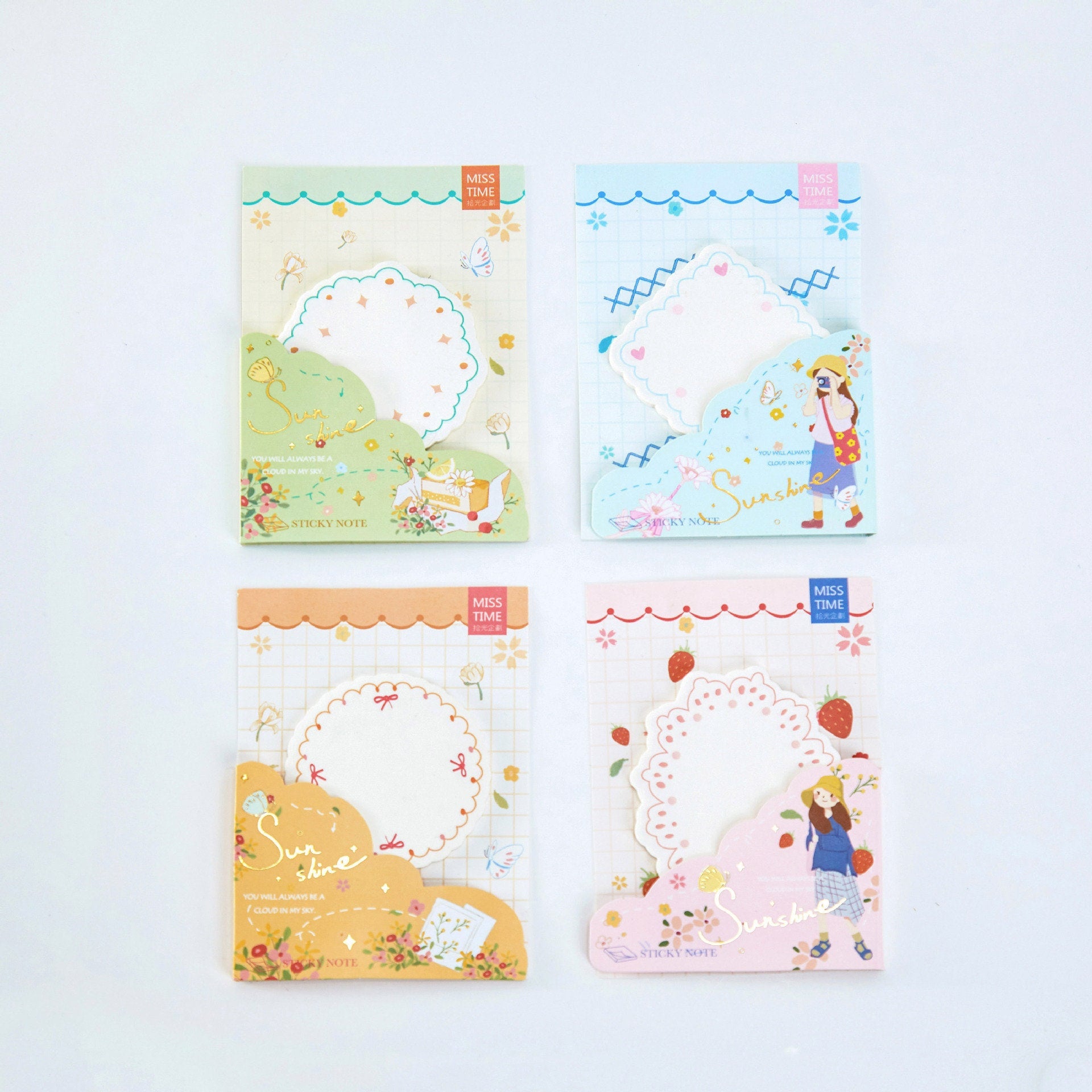 Picnic Notepad with 30 Sticky Notes for Journals in assorted designs and colors, featuring kawaii style illustrations, floral patterns, and grid backgrounds.