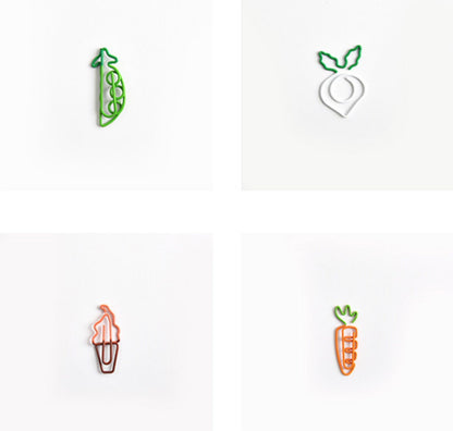 Creative vegetable-shaped paper clips in designs of a pea pod, radish, ice cream cone, and carrot; cute stationery and office supplies.