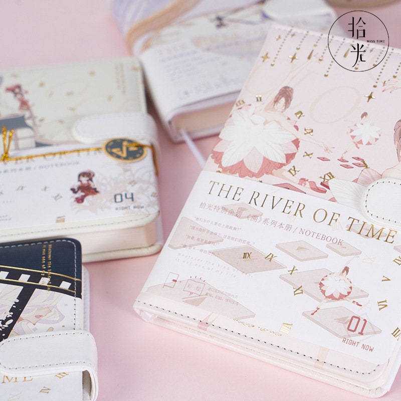 The River of Time Leather Journal with Magnetic Buckle; elegant kawaii-style design featuring illustrations of clocks and ballerinas; perfect for writing and note-taking; high-quality stationery for journaling and organization.