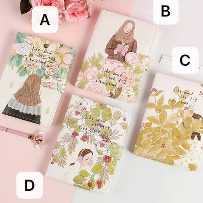 Like Wind Fog Cloud Leather Journal with Magnetic Buckle in 4 designs - A: Girl with trees and flowers background, B: Girl reading with rose background, C: Floral and leaf motif, D: Girl with headphones amidst greenery. Kawaii stationary.