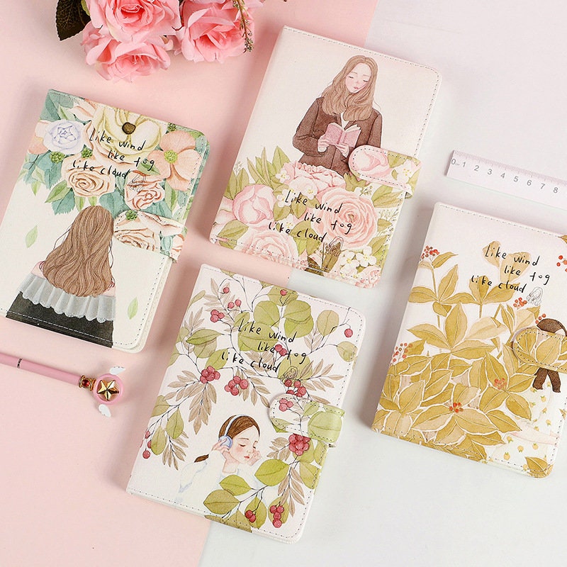 Like Wind Fog Cloud Leather Journal with Magnetic Buckle - Kawaii Stationary with Floral and Character Designs