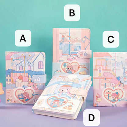 Magnetic Buckle Leather Journal - Capture Summer Design in pastel tones, showcasing four variations (A, B, C, D) featuring cute summer-themed illustrations with heart accents.