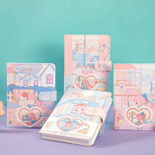 Magnetic Buckle Leather Journal with Capture Summer Design, featuring kawaii illustrations and pastel colors, perfect for note-taking and journaling.