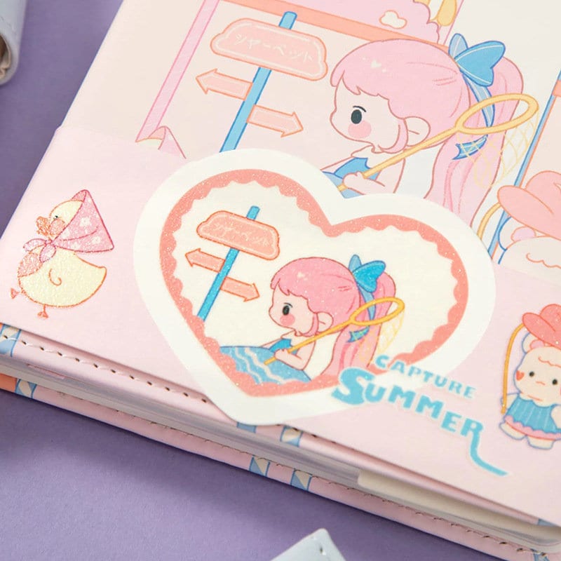 Magnetic Buckle Leather Journal with "Capture Summer" design featuring kawaii-style characters and pastel colors.