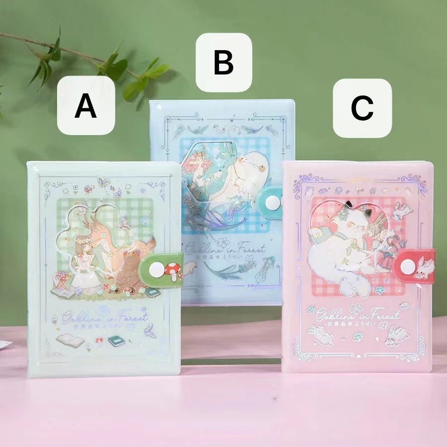 Gollina Forest Notebook - Magnetic Buckle Kawaii Journal in mint green (A), blue (B), and pink (C) with cute animal illustrations and forest-themed designs.