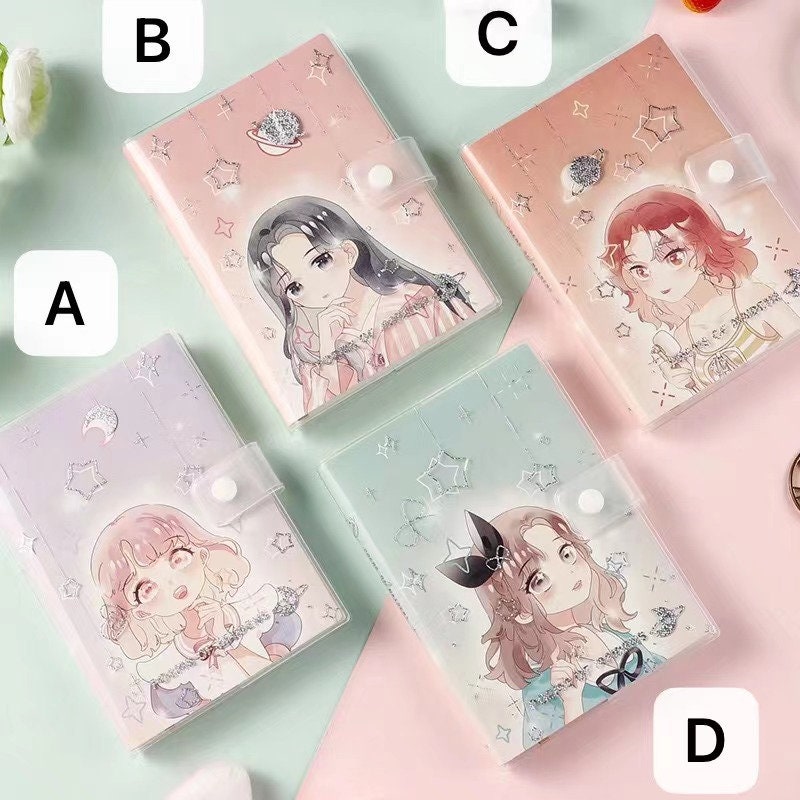 Kawaii Girl PVC Notebook with Buckle - 256 Pages, available in four colors and designs: A (pink with blonde girl), B (pink with dark-haired girl), C (orange with red-haired girl), D (mint with brown-haired girl). Perfect for journaling and note-taking in kawaii style.