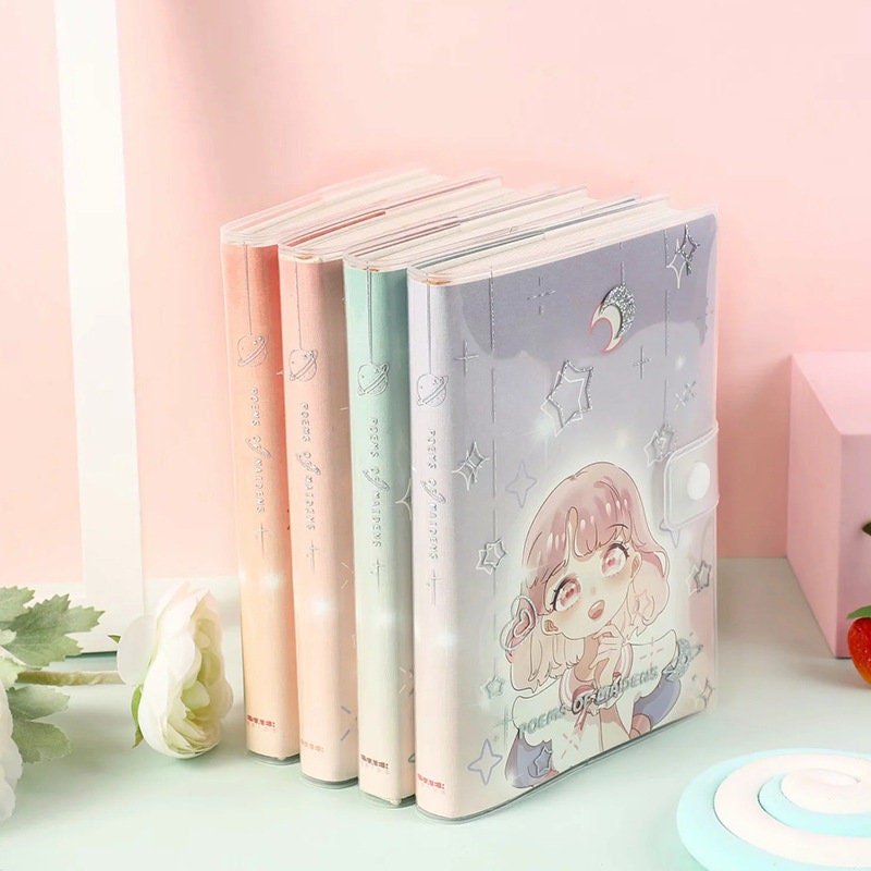 Kawaii Girl PVC Notebook with Buckle - 256 Pages in pastel colors, displaying a cute anime girl design on the cover.