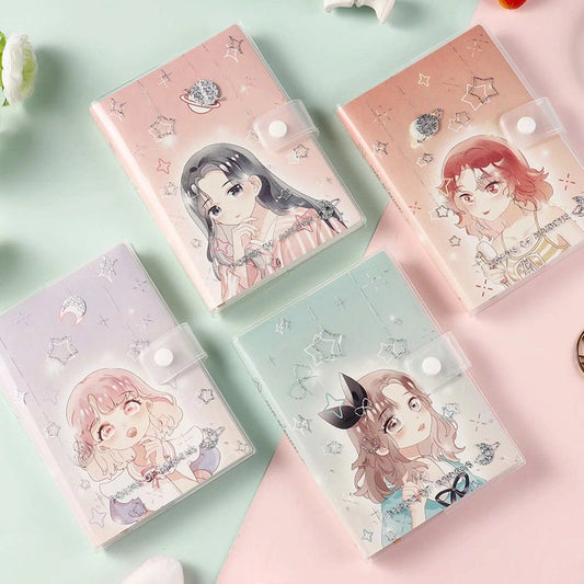 Kawaii Girl PVC Notebook with Buckle - 256 Pages featuring colorful anime girl covers, star and planet decorations, and secure button buckle. Perfect for school, journaling, and gifts.