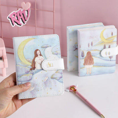 Anime Leather Journal featuring a girl hugging the moon design, kawaii stationery notebook with celestial and pastel elements, perfect for journaling and note-taking.