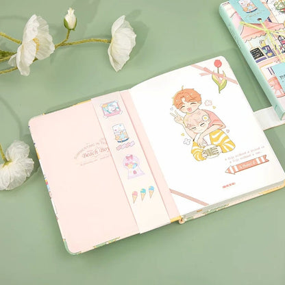 Beach Boy Leather Journal with magnetic buckle in A5 size, featuring open pages with cute illustrations, pastel colors, and kawaii design elements.