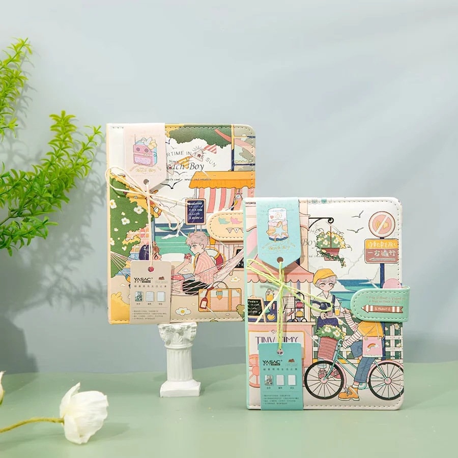 Beach Boy Leather Journal, A5 size, with Magnetic Buckle, featuring vibrant seaside illustrations, perfect for note-taking and diary writing.