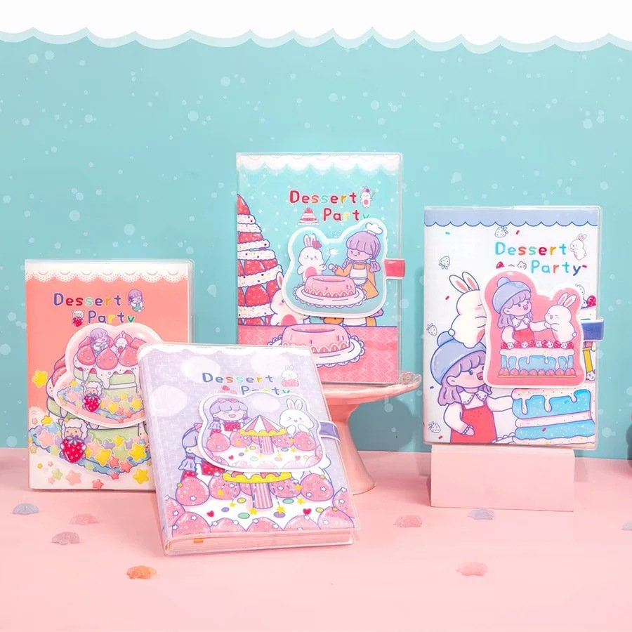 Pink Magnetic Buckle Kawaii Journal with cute dessert party theme, featuring adorable illustrations of cakes and characters, perfect for stationery lovers and school supplies.