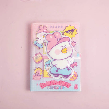 Pink Magnetic Buckle Kawaii Journal with adorable white cartoon duck in pink hat on cover, cute graphics, and "Sweetheart 1001" text on pastel background.