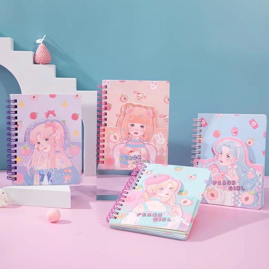 Kawaii Peach Girl Winding Journal with 180 Colorful Pages – Cute pastel notebooks featuring peach-themed anime girls on the covers, perfect for writing and doodling.