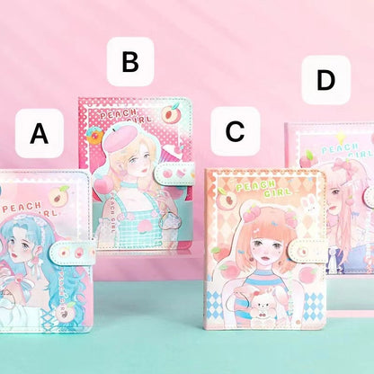 Kawaii Peach Girl Magnetic Journal in four pastel designs on display with letters A, B, C, and D, featuring cute anime-style girls and peach illustrations, perfect for stationery lovers.