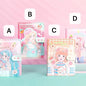 Kawaii Peach Girl Magnetic Journal in four pastel designs on display with letters A, B, C, and D, featuring cute anime-style girls and peach illustrations, perfect for stationery lovers.