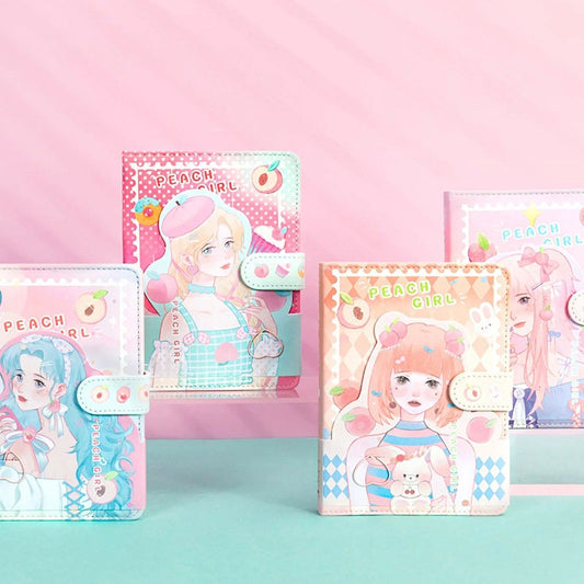 Kawaii Peach Girl Magnetic Journal with cute pastel illustrations of peach-themed anime girls on the covers, available in various colors.