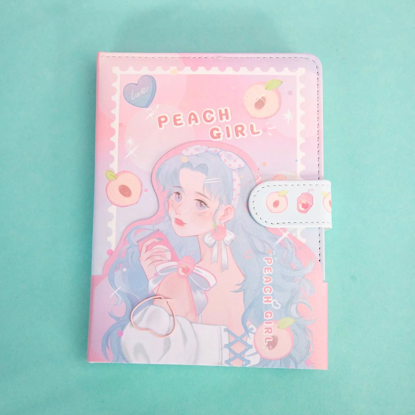 Kawaii Peach Girl Magnetic Journal with pastel peach design and cute anime girl illustration on cover against teal background.