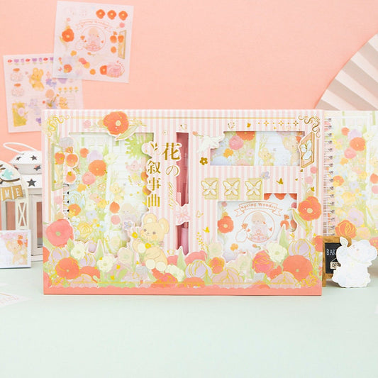 Flower Garden Notebook Gift Set with Journal and Stickers featuring kawaii floral designs and cute animal characters