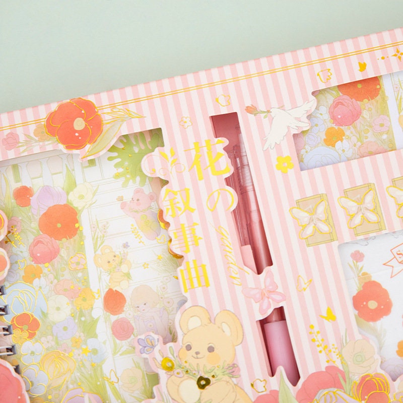 Flower Garden Notebook Gift Set with Journal, Stickers, and Pen in Kawaii Style Packaging