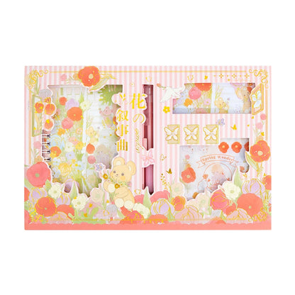 Flower Garden Notebook Gift Set with Journal and Stickers featuring kawaii bear and floral designs, spiral-bound notebook, pink pen, butterfly stickers, Spring Wonder theme, pastel color palette.