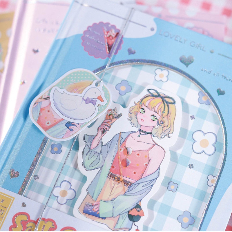 Magnetic Buckle Kawaii Anime Girl Journal with Cute Duck Charm and Pastel Colors