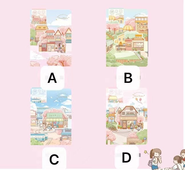 Magnetic Buckle Leather Journal - Cloud Town Design, showing four options: A pink and white town scene (A), a green and yellow town scene (B), a blue and white town scene (C), and a pastel town scene with balloons (D), all in kawaii style.