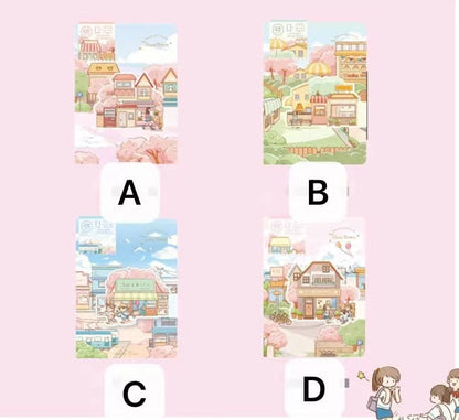 Magnetic Buckle Leather Journal - Cloud Town Design, showing four options: A pink and white town scene (A), a green and yellow town scene (B), a blue and white town scene (C), and a pastel town scene with balloons (D), all in kawaii style.