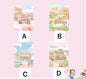 Magnetic Buckle Leather Journal - Cloud Town Design, showing four options: A pink and white town scene (A), a green and yellow town scene (B), a blue and white town scene (C), and a pastel town scene with balloons (D), all in kawaii style.